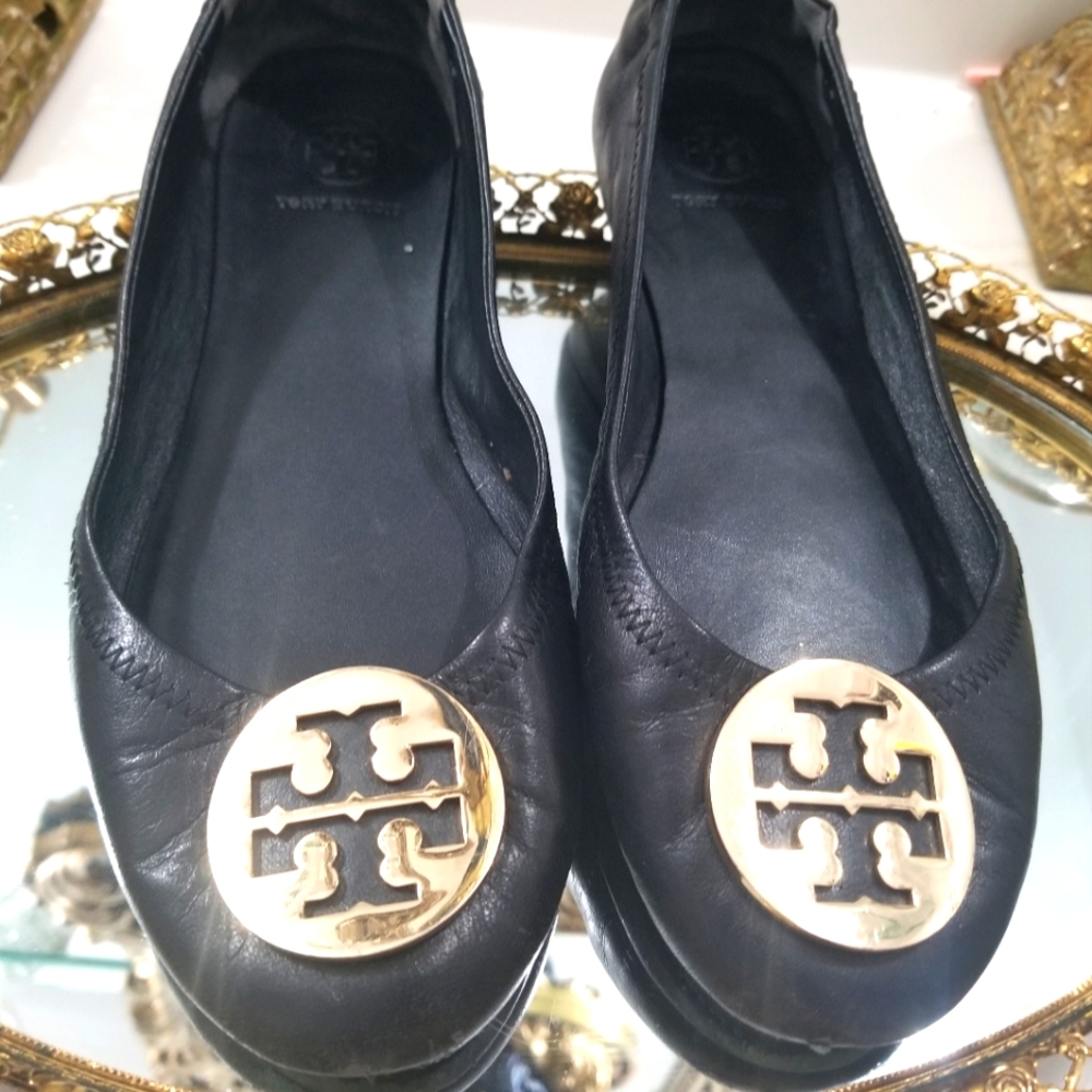 Tory Burch Black Flats with Gold Logo